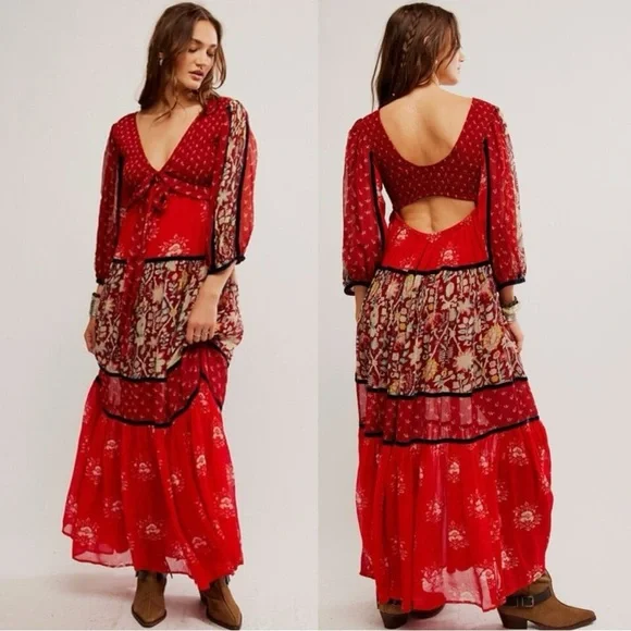 Free People Bali Laurel Bohemian Long Sleeve Red Maxi Dress - $298 - Picture 11 of 16